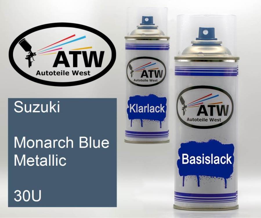 Suzuki, Monarch Blue Metallic, 30U: 400ml Sprühdose + 400ml Klarlack - Set, von ATW Autoteile West.